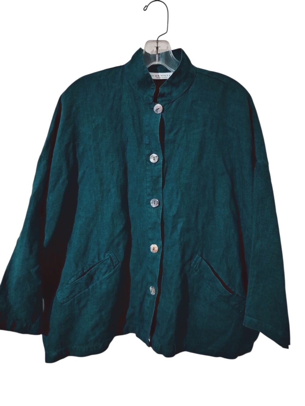 6045(Bryn Walker Green Heavy Linen Lagenlook Oversized Slouch Boxy Jacket XXS